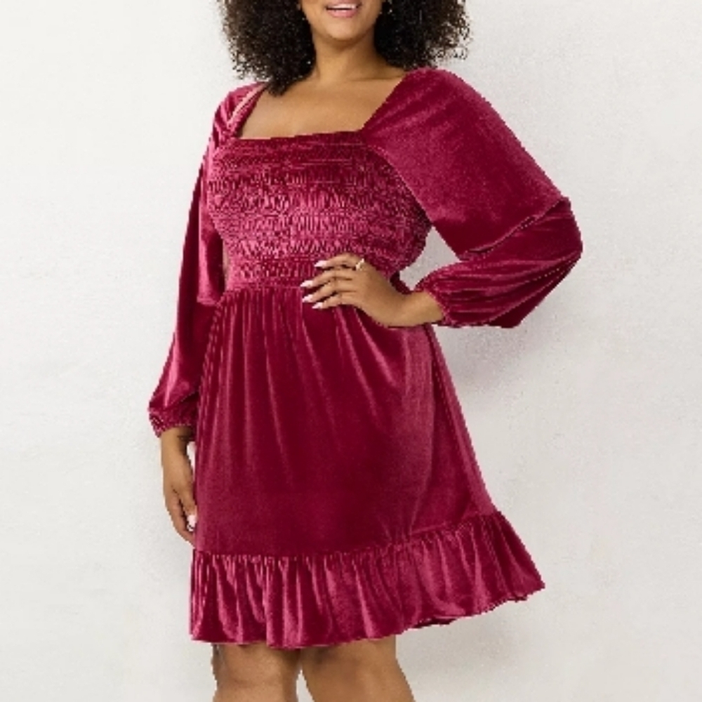 LC Lauren Conrad Long Sleeve Velour Smocked Mini Dress